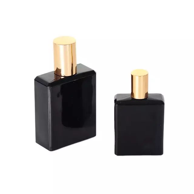 Frasco de perfume rectangular negro para mujer con tapón dorado