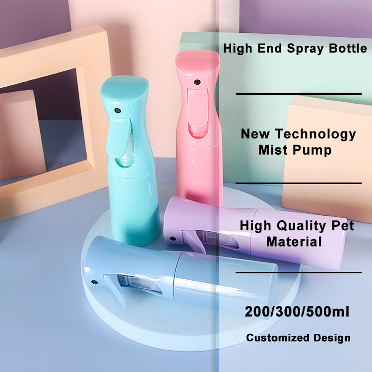 Botella de spray de niebla de gama alta de gran dosis, botella de plástico de material PET de pulverización continua