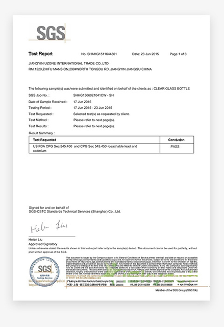 SGS para botella de vidrio transparente