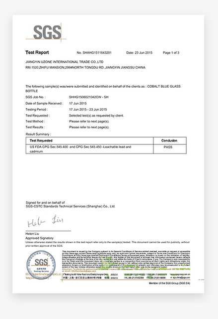 SGS para botella de vidrio azul cobalto